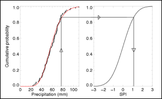 The Standardized Drought Method (Lloyd-Hughes and Saunders, 2002). The method plots a probability distribution through data of a historic (observed) hydrometeorological variable (monthly precipitation in this example using the gamma-gamma distribution). The distribution is then transformed in a normal distribution allowing a forecasted hydrometeorological variable to be presented in number of standard deviations from the median (in this example the monthly precipitation deviation 1 standard deviation from the median; it characterizes conditions wetter than normal).