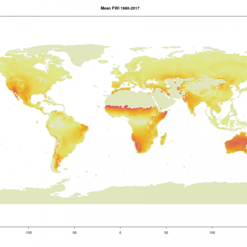 Mean FWI in the period 1980-2017 (no-vegetation areas are masked out)