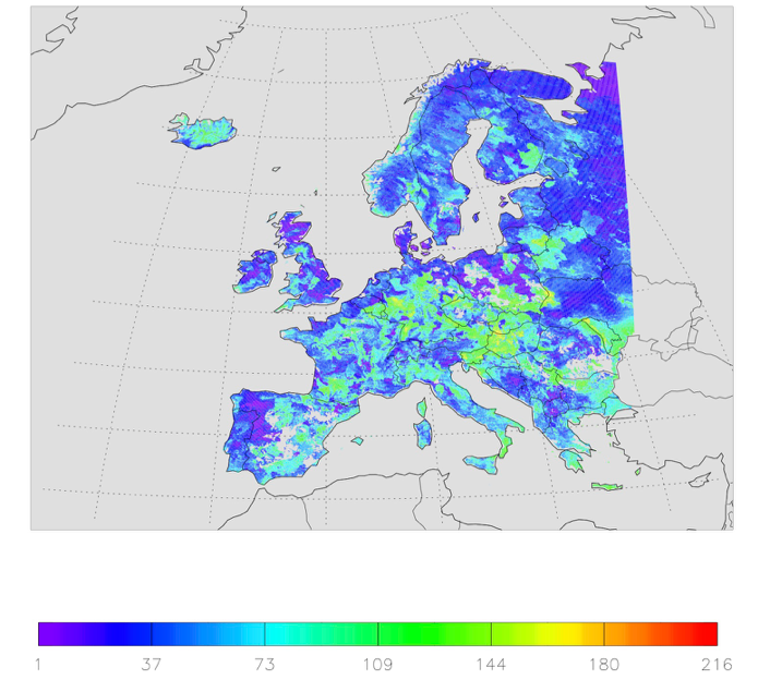 Drought duration in groundwater (number of days in 7 month period, median of 51 ensemble members).
