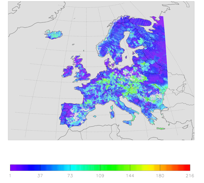 Drought duration in groundwater (number of days in 7 month period, 75th percentile of 51 ensemble members).
