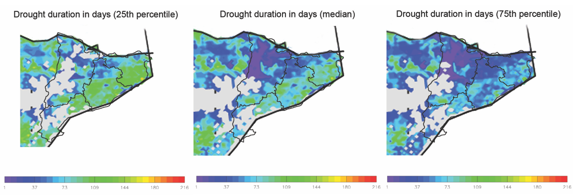 Drought duration in groundwater in Catalonia (number of days in 7 month period, 25th, 50th and 75th percentile of 51 ensemble members).