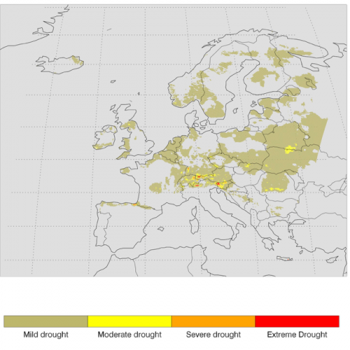 Severity of the drought in precipitation - evaporation in July (SPEI-1, 25th percentile of 51 ensemble members).