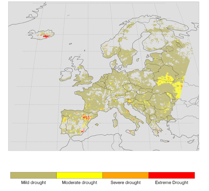 Severity of the drought in July runoff (SRI-1, median of 51 ensemble members).