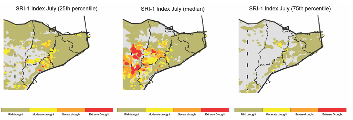 Severity of the drought in the July runoff for Catalonia (SPI-1, 25th, 50th and 75th percentile of 51 ensemble members).