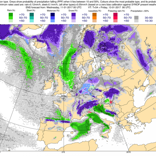 Most likely precipitation type map. Grey show probability of precipitation falling (PPF) when it lies between 10 and 50%. Colours show the most probable type, and its probability, when PPF>50%. Minimum rates used are: rain>0.12 mm/h, sleet>0.1 mm/h, (all other types)>0.05 mm/h (based on a zero bias calibration against SYNOP present weather). Base time 11 January 2017 at 0000 UTC and valid time 13 January 2017 at 0600 UTC