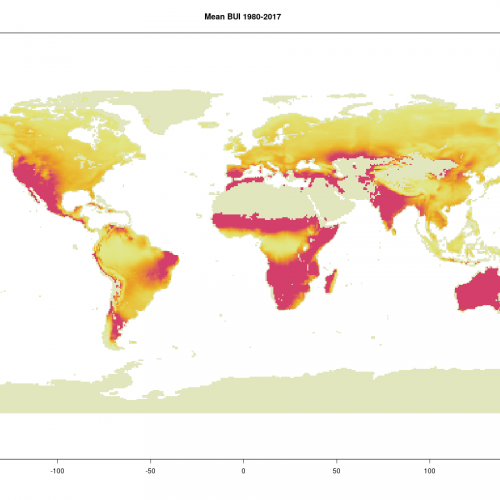 Mean BUI in the period 1980-2017 (no-vegetation areas are masked out)