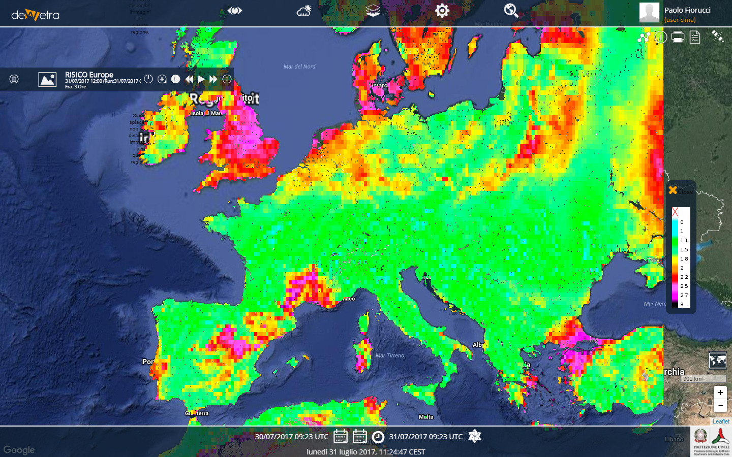 RISICO output of Effect of Wind on Rate of Spread on european domain (run on 2017-07-31 00:00)