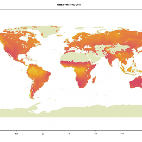 Mean FFMC in the period 1980-2017 (no-vegetation areas are masked out)