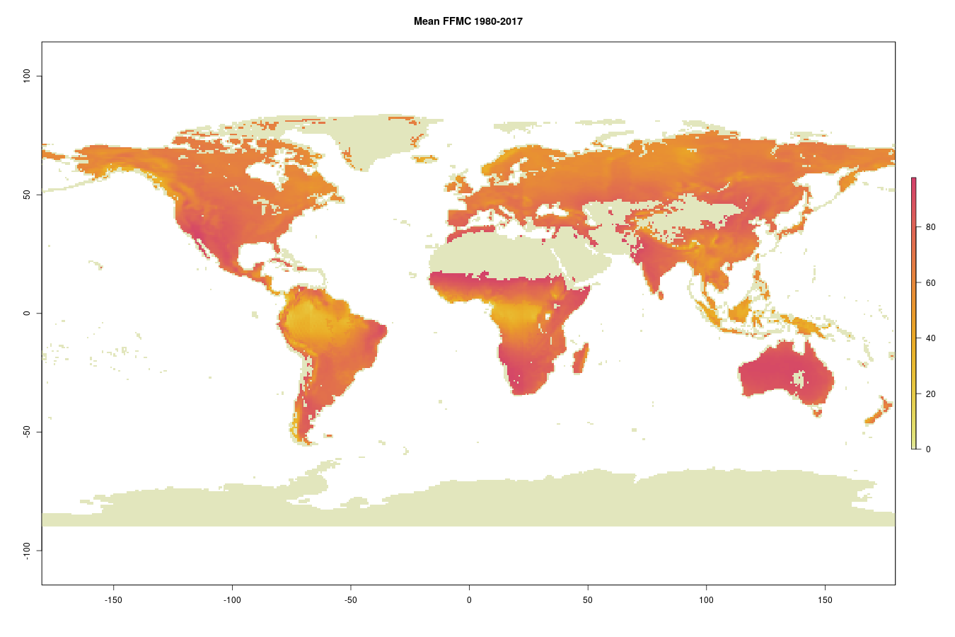 Mean FFMC in the period 1980-2017 (no-vegetation areas are masked out)