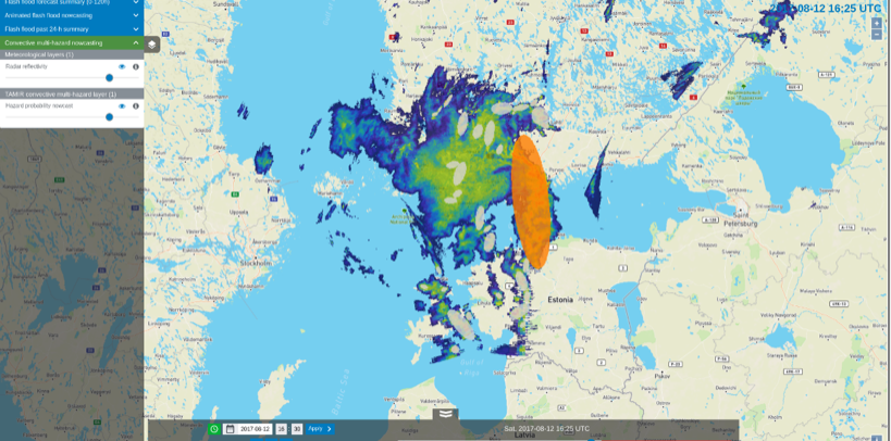 The hazard severity classification (color-coded ellipses) for the identified storm cells and the radar reflectivity field as a background. Black is classified as no significant hazard and orange with severe hazard.