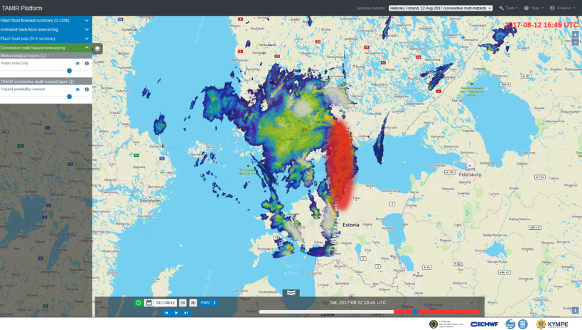 The nowcasted hazard of the storm cells depicted as ellipses. Black is classified as no significant hazard and red with extreme severe hazard.