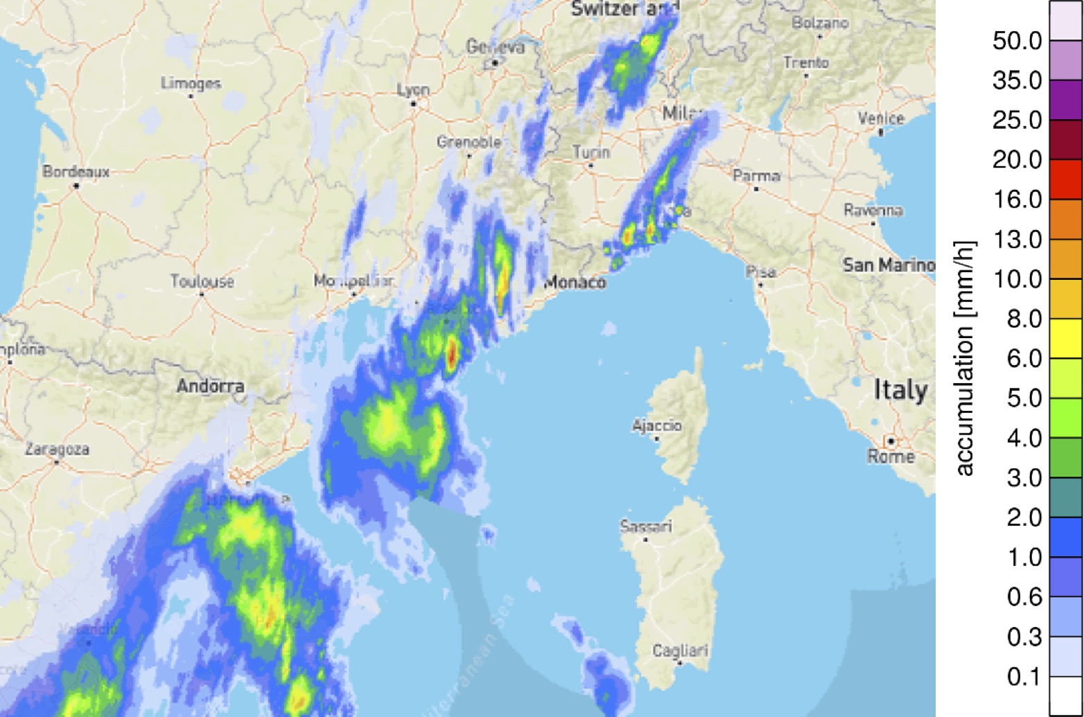 Seamless 1h accumulation forecast map.